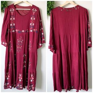 Boho Hippie Maroon Embroidered Tiered Flow Dress
